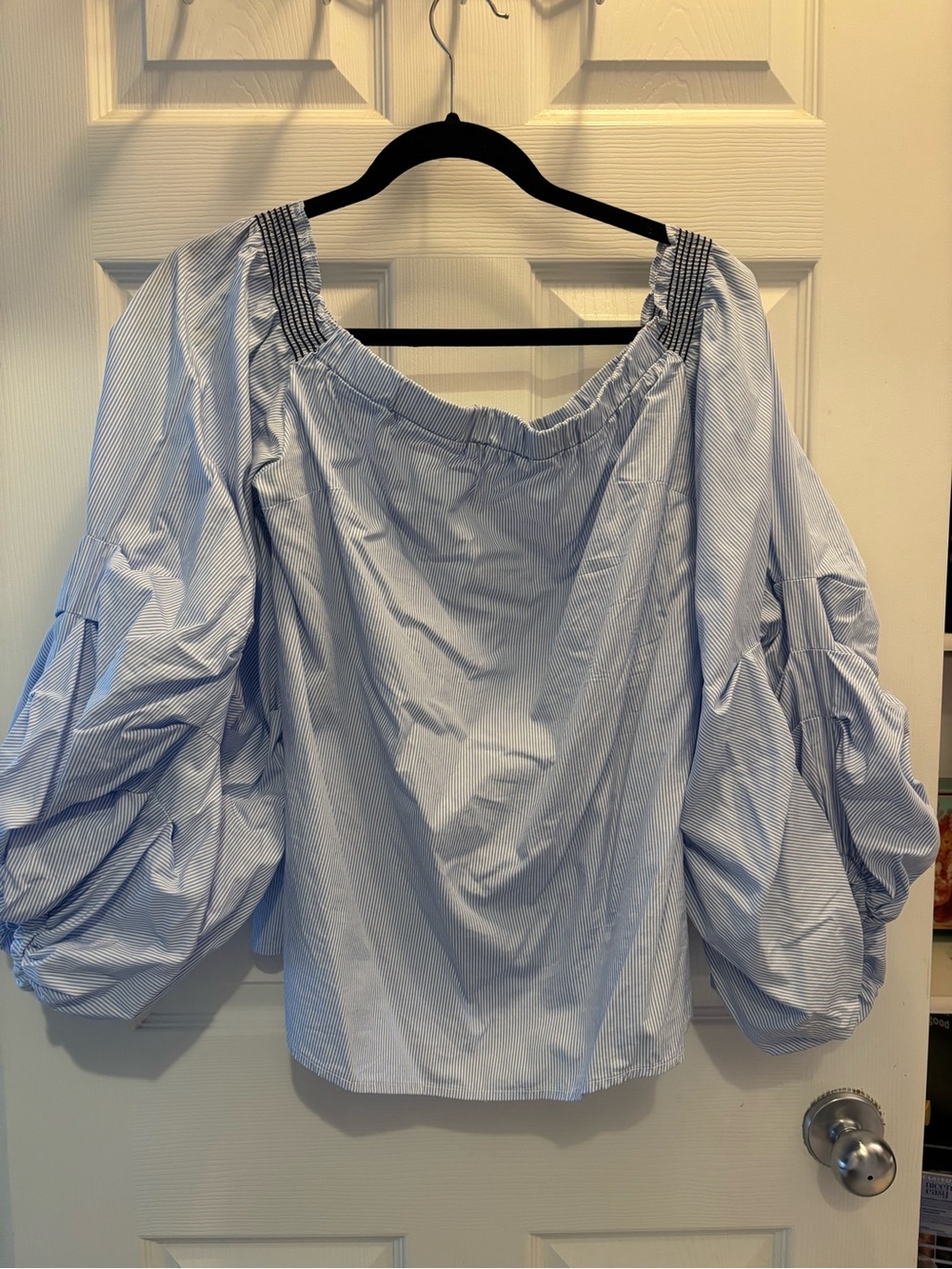 Blue Stripe Off-Shoulder Balloon Sleeve Top